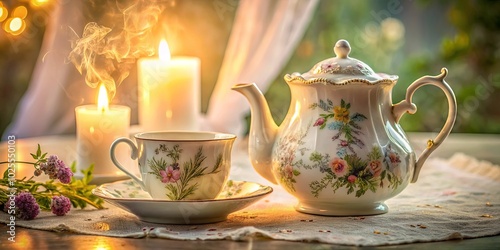 A delicate teacup and teapot adorned with floral motifs rest on a lace tablecloth, illuminated by the soft glow of candles, creating a warm and inviting atmosphere.