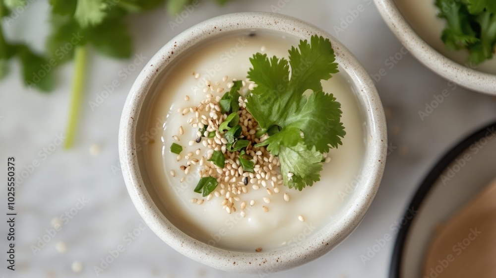 Creamy Sauce with Herbs and Seeds in Bowl Creamy Sauce with Herbs and Seeds in Bowl