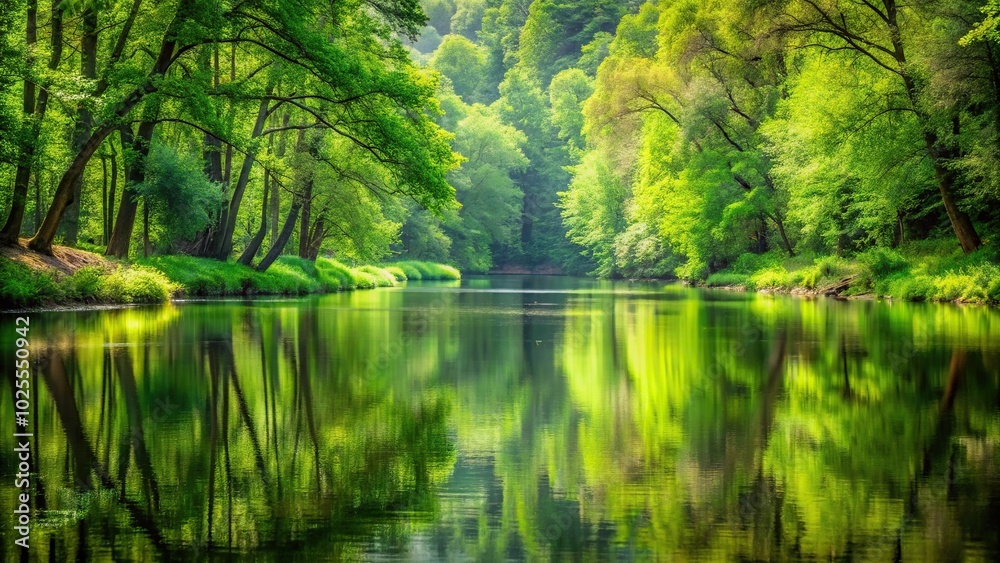 Description: A serene green forest bending over a peaceful river reflecting the sky Description: A serene green forest bending over a peaceful river reflecting the sky