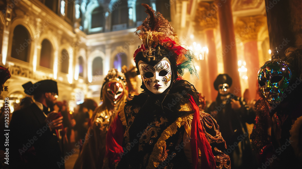 A group of guests at a masquerade ball, dressed in elaborate costumes and colorful masks, standing in a grand hall with rich decorations, vibrant lighting adding to the festive and mysterious vibe A group of guests at a masquerade ball, dressed in elaborate costumes and colorful masks, standing in a grand hall with rich decorations, vibrant lighting adding to the festive and mysterious vibe