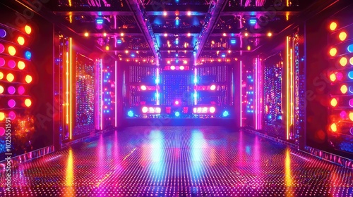 Lively Disco Stage with Neon Lights and Vibrant Colors