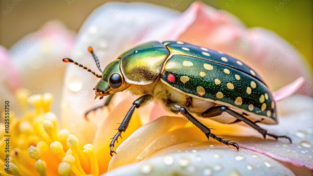 Naklejka premium description: Beautiful macro shot of a Long Shot Beetle Oxythyrea funesta on a flower