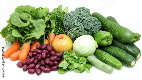 Vibrant Assortment of Fresh Vegetables and Juicy Fruits on a White Background, Showcasing Nature's Bounty in an Eye-Catching Display for Healthy Living