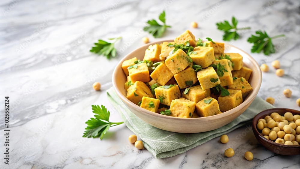 Description: Burmese chickpea tofu with herbs on marble counter Description: Burmese chickpea tofu with herbs on marble counter
