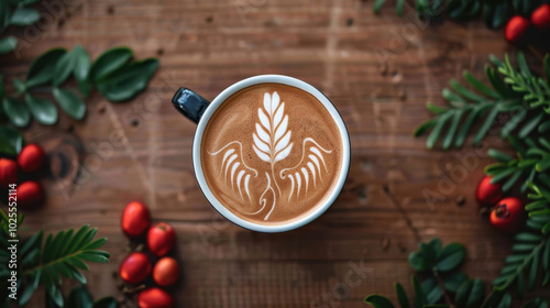 top down view of latte art featuring intricate design, surrounded by greenery and red berries, creating warm and inviting atmosphere