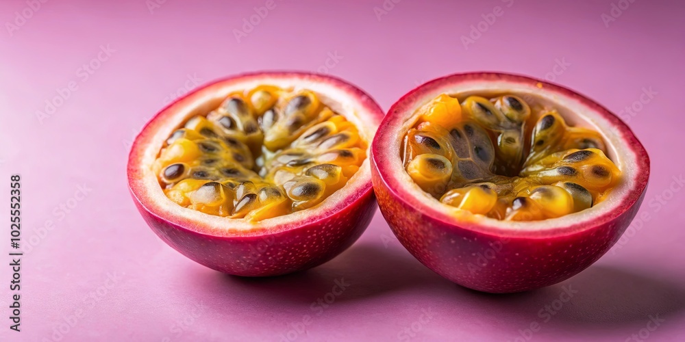 A Vibrant Passion Fruit Cut in Half, Revealing a Symphony of Black Seeds and Golden Pulp Against a Soft Pink Background A Vibrant Passion Fruit Cut in Half, Revealing a Symphony of Black Seeds and Golden Pulp Against a Soft Pink Background