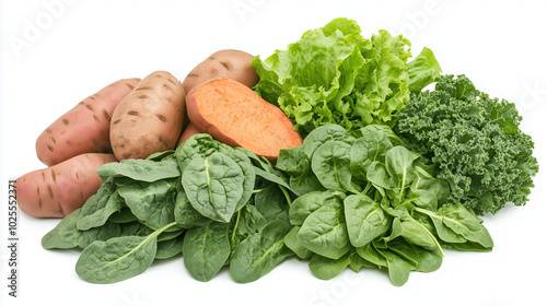 Artistic Arrangement of Realistic Sweet Potatoes Featuring Fresh Spinach, Kale, Collard Greens, Mustard Greens, Romaine Lettuce, and Arugula Set Against a White Background photo