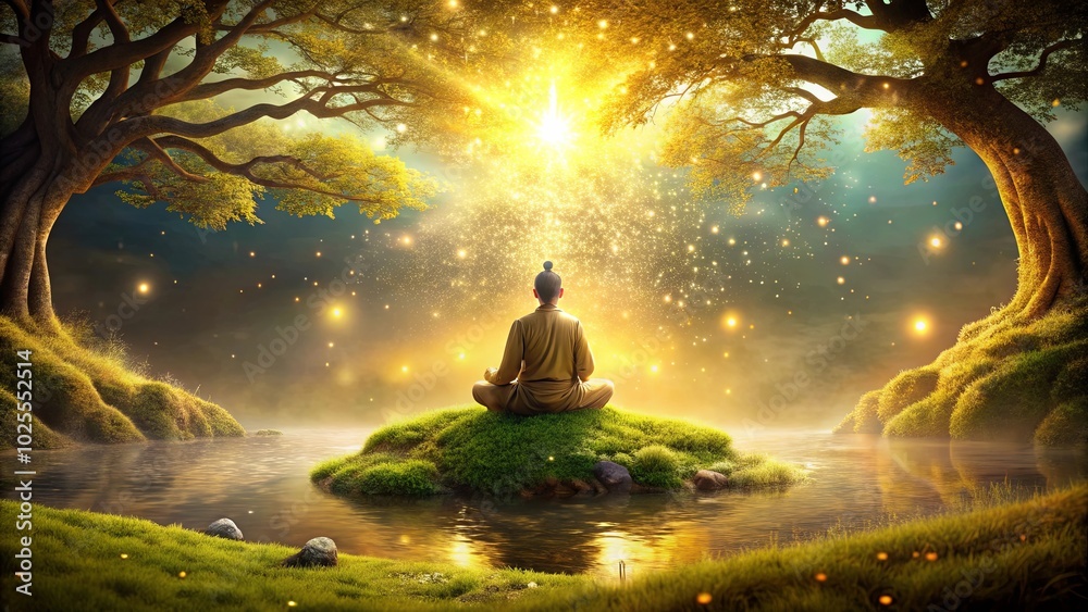 A solitary figure meditates on a small island amidst a serene forest, bathed in the soft glow of ethereal lights, as if the very trees are radiating with inner peace. A solitary figure meditates on a small island amidst a serene forest, bathed in the soft glow of ethereal lights, as if the very trees are radiating with inner peace.