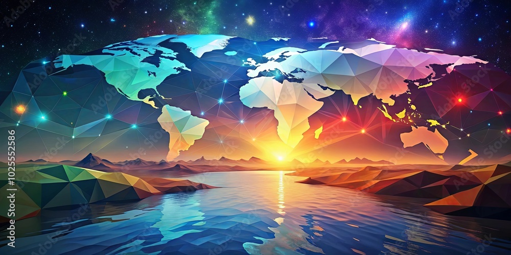Fototapeta premium A Polygonal Earth Rises Above a Serene Sunset Landscape, With a Starry Sky Above and a Reflective Water Surface Below