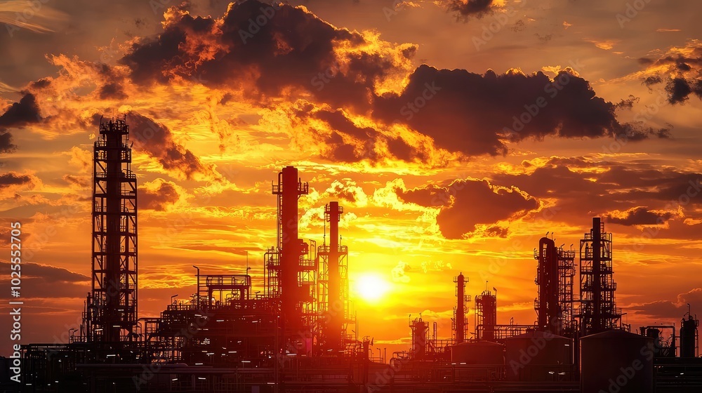 Stunning Sunset Behind Oil Refinery Stacks Stunning Sunset Behind Oil Refinery Stacks