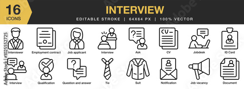 Interview icon set. Editable Stroke Icon Collection. Includes ask, document, employment contract, interview, and More. Outline icons vector collection.