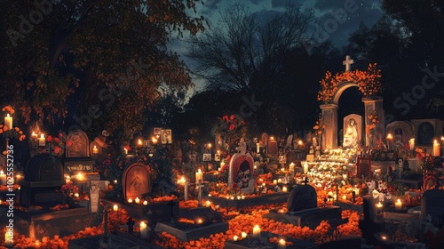 A nighttime cemetery scene during Day of the Dead, with graves decorated with candles, marigold petals, and photos of loved ones. Creating a peaceful and heartfelt tribute to those who have passed.