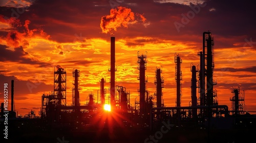 Stunning Sunset Over Oil Refinery Silhouette