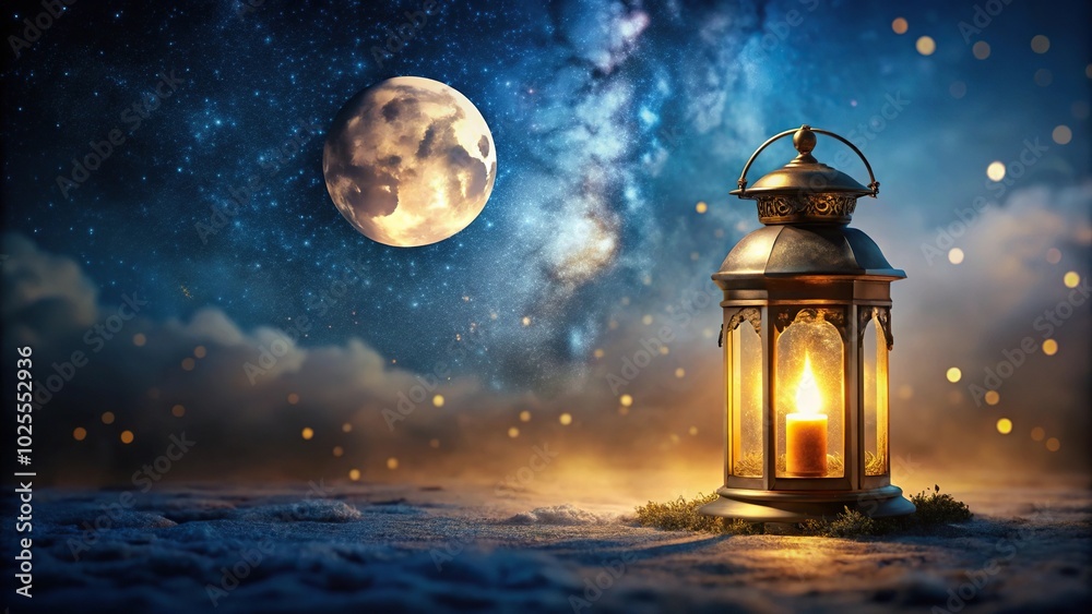 Description: Enchanting moonlit night with a glowing lantern in the background Description: Enchanting moonlit night with a glowing lantern in the background