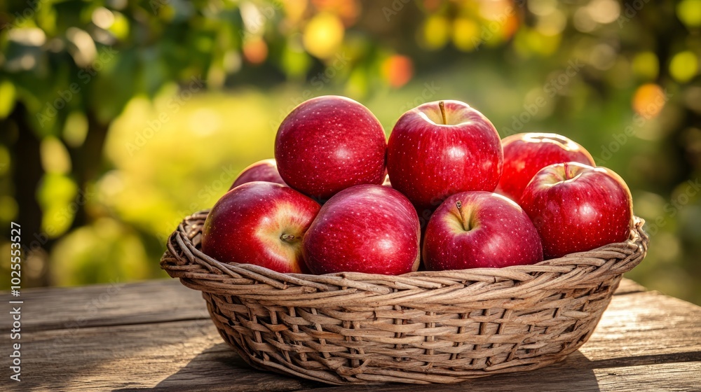 A wicker basket filled with red apples sits on a wooden table in a garden setting. A wicker basket filled with red apples sits on a wooden table in a garden setting.