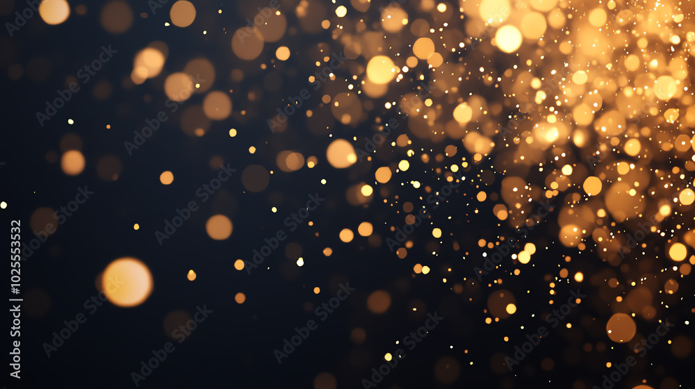Abstract golden bokeh lights texture on a dark background, perfect for festive or celebratory themes, adding a touch of elegance and sparkle.