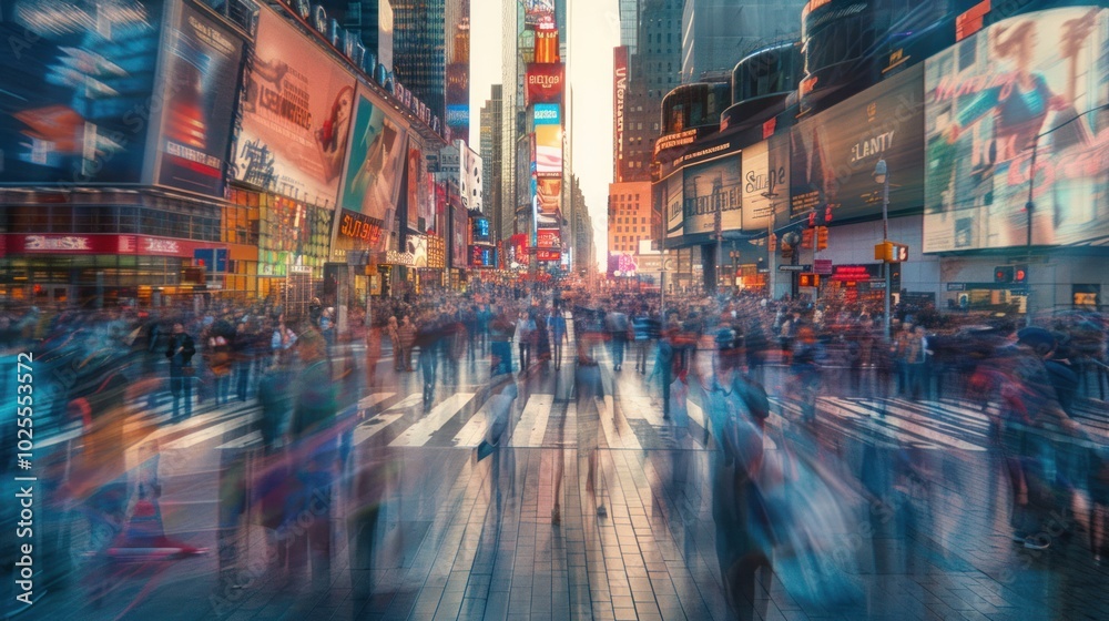 Blurred View of Pedestrians Walking on a Busy City Street with Neon Signs and Buildings Blurred View of Pedestrians Walking on a Busy City Street with Neon Signs and Buildings