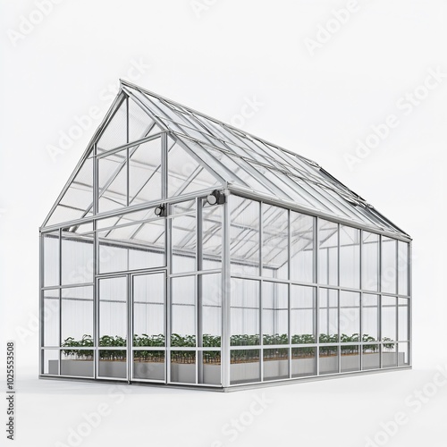 Greenhouse construction in a glasshouse garden with plants against a blue sky