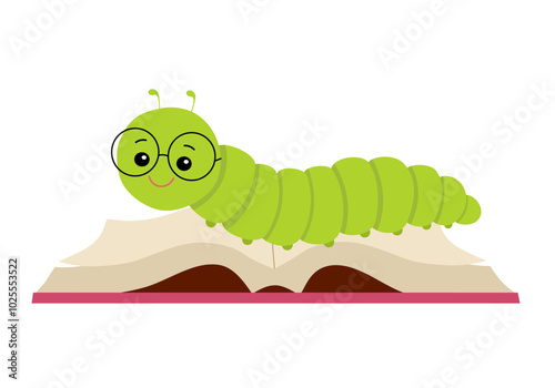 Cute character green worm reading book in flat design on white background. Bookworm.