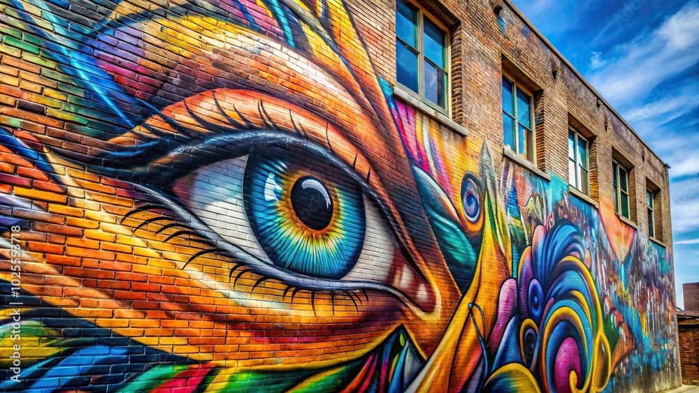 description: Graffiti art painting on building wall taken from worm's eye view description: Graffiti art painting on building wall taken from worm's eye view