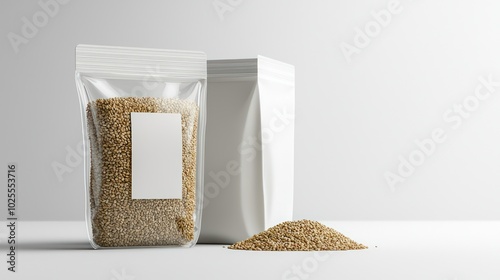 Customizable clear window on blank gourmet sesame seed packaging in a 3D mockup.