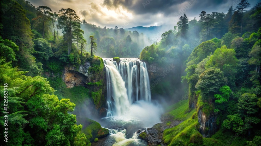 Description: High angle misty waterfall in a dense forest creates a mesmerizing natural landscape Description: High angle misty waterfall in a dense forest creates a mesmerizing natural landscape