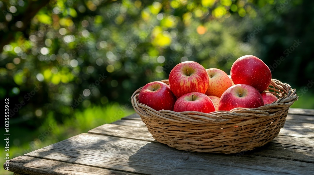 A wicker basket full of ripe red apples sits on a wooden table in a garden with a blurred background of green leaves. A wicker basket full of ripe red apples sits on a wooden table in a garden with a blurred background of green leaves.