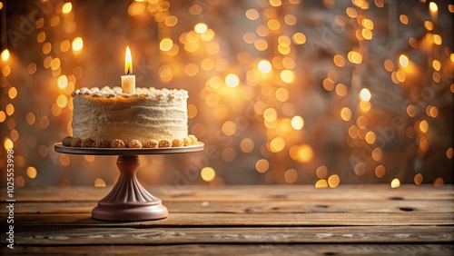 A solitary candle illuminates a delicate cake adorned with delicate toppings, a symbol of celebration amidst a backdrop of twinkling lights.