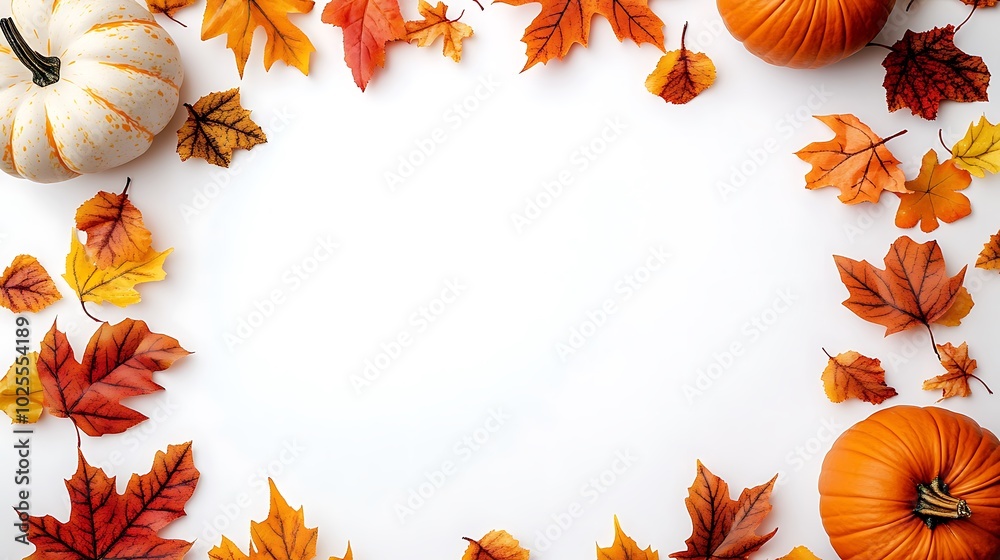 Autumnal Pumpkin and Leaf Frame on White Autumnal Pumpkin and Leaf Frame on White