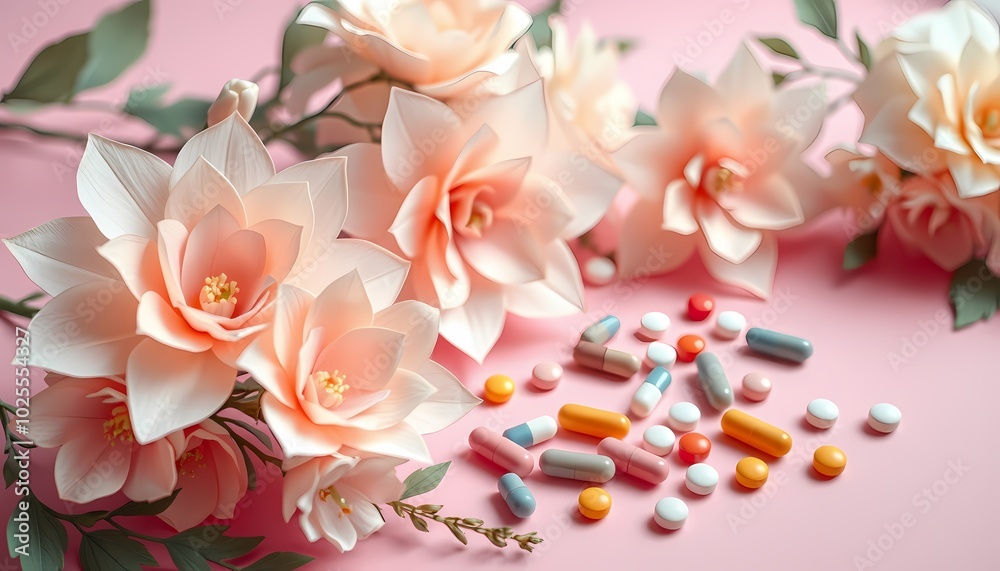 Paper flowers and colorful pills on a pink background Paper flowers and colorful pills on a pink background