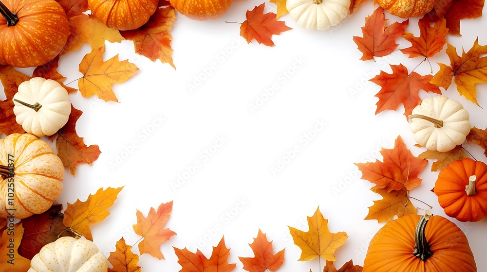 Autumnal Pumpkin and Leaf Frame on White Autumnal Pumpkin and Leaf Frame on White