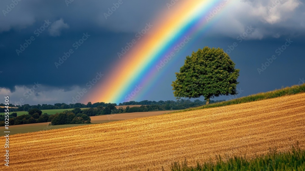 A rainbow arcs across the sky after a rainstorm, casting its colors over a rural landscape of fields and distant trees, symbolizing renewal. A rainbow arcs across the sky after a rainstorm, casting its colors over a rural landscape of fields and distant trees, symbolizing renewal.