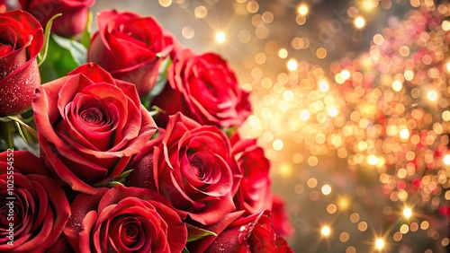 Description: Low angle view of a bouquet of bright red roses with sparkles and bokeh floral background