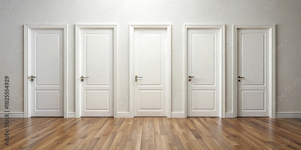 description: Medium shot of white wall with three closed doors and wooden floor description: Medium shot of white wall with three closed doors and wooden floor