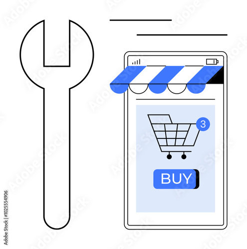 Large wrench beside a mobile device with an online shopping cart and buy button. Ideal for e-commerce, mobile apps, online shopping, digital marketing, and technical support themes. Minimalist