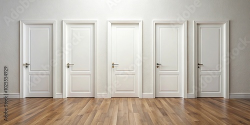 description: Medium shot of white wall with three closed doors and wooden floor