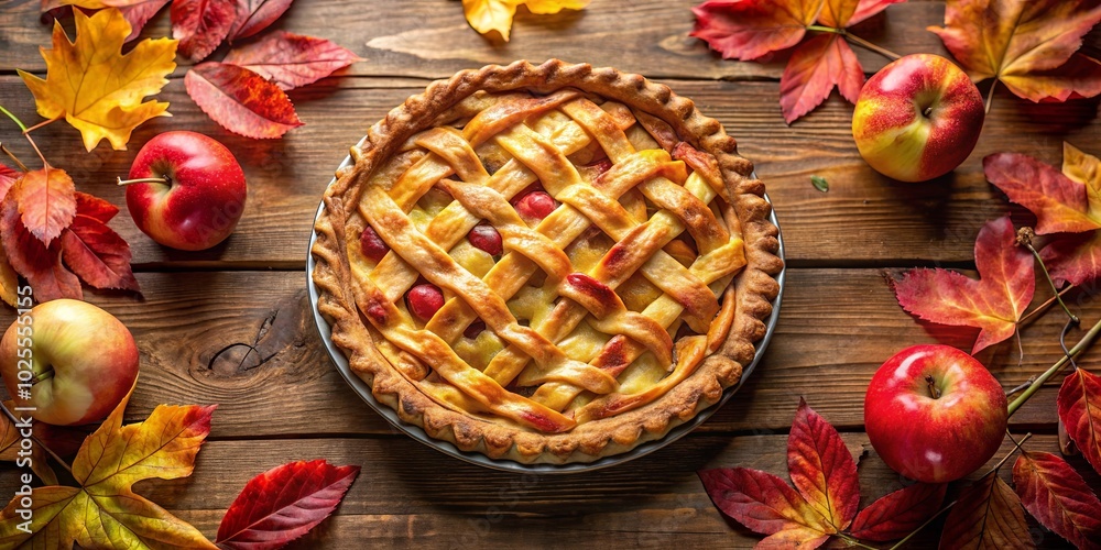 A golden brown lattice-topped pie surrounded by vibrant red and yellow leaves on a rustic wooden surface. A golden brown lattice-topped pie surrounded by vibrant red and yellow leaves on a rustic wooden surface.