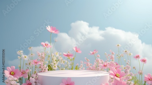 Elegant cylinder white podium platform decorated with pink spring flowers on a blue sky backdrop for product display