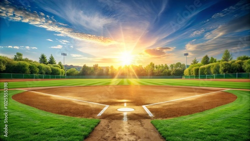 A well-maintained baseball field with a warm sunset illuminating the green grass and infield dirt