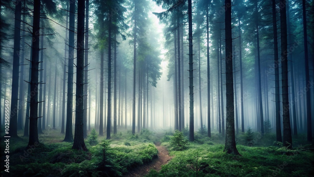 Obraz premium description: Panoramic view of dark forest in foggy weather