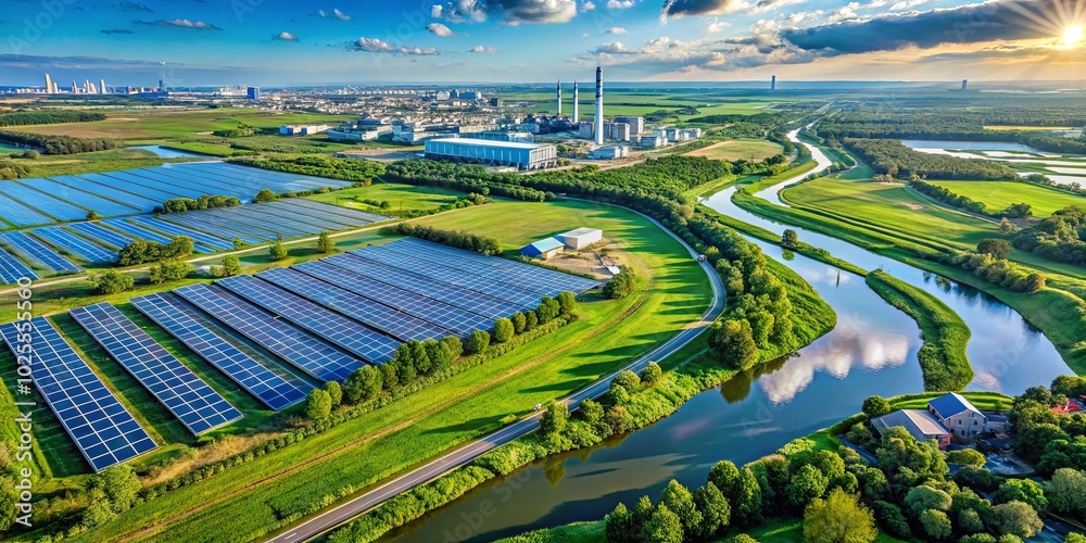 Fototapeta premium Aerial View of a River Meandering Through a Lush Green Landscape Dotted with Solar Panels and a Distant Industrial Complex