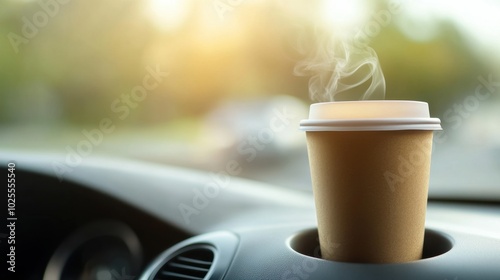 A steaming coffee cup sitting in a car cup holder, reflecting the comfort of a morning commute, with the dashboard slightly blurred in the background.