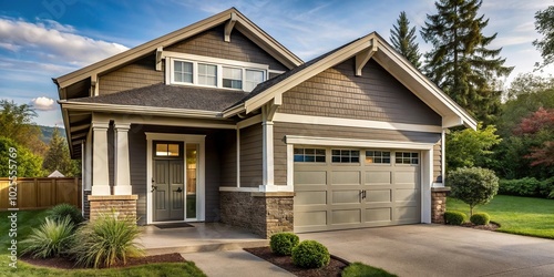 Description: Photo of a small modern Craftsman house with a garage and porch from a wide-angle perspective