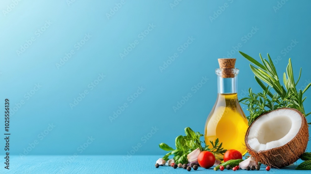 Obraz premium Fresh Herbs and Vegetables with Coconut Oil - Healthy Cooking and Nutrition Concept with Copy Space