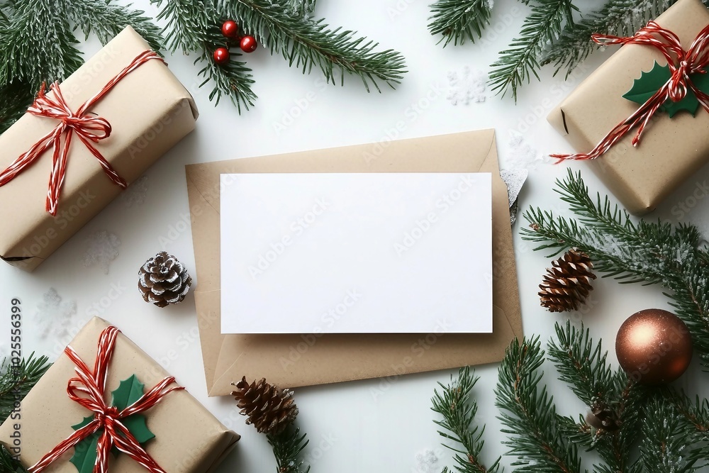 Flat lay composition with Christmas decor and blank card on white background. Space for text Flat lay composition with Christmas decor and blank card on white background. Space for text