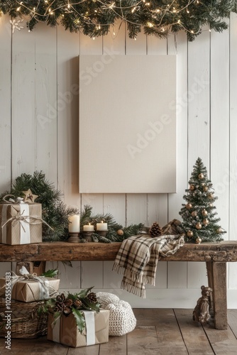 Holiday canvas wall art mockup with farmhouse decorations, perfect for seasonal decor.