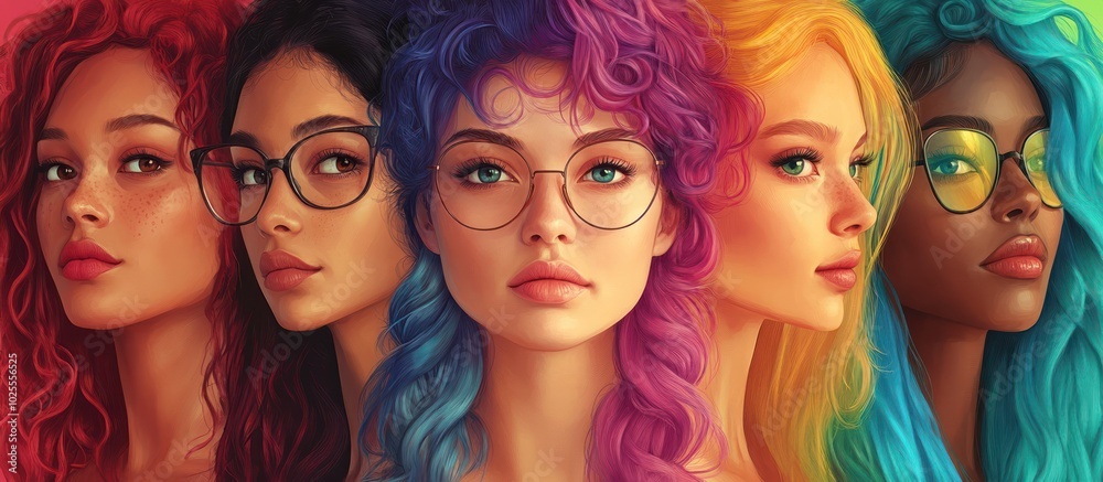 Five women with colorful hair and glasses look forward. Five women with colorful hair and glasses look forward.