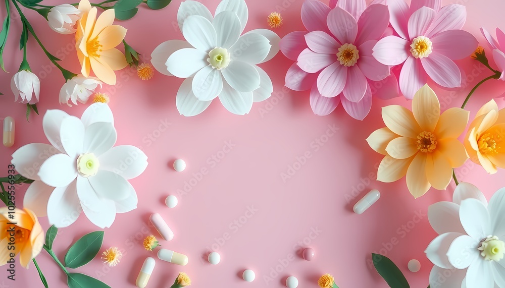 Paper flowers arranged in a border around a pink background with white beads. Paper flowers arranged in a border around a pink background with white beads.