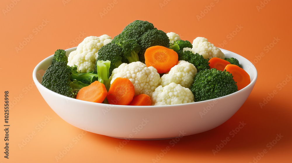 Freshly Steamed Mixed Vegetables Bowl Featuring Broccoli, Cauliflower, and Crinkle Cut Carrots on a Vibrant Orange Background Freshly Steamed Mixed Vegetables Bowl Featuring Broccoli, Cauliflower, and Crinkle Cut Carrots on a Vibrant Orange Background