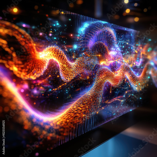 vibrant visualization of protein folding simulation, showcasing colorful waves of light and intricate patterns. dynamic colors create sense of movement and energy
